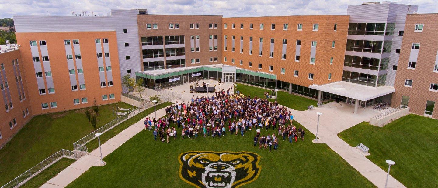 学生们在荣誉学院大楼前的草地上画着棕熊的标志